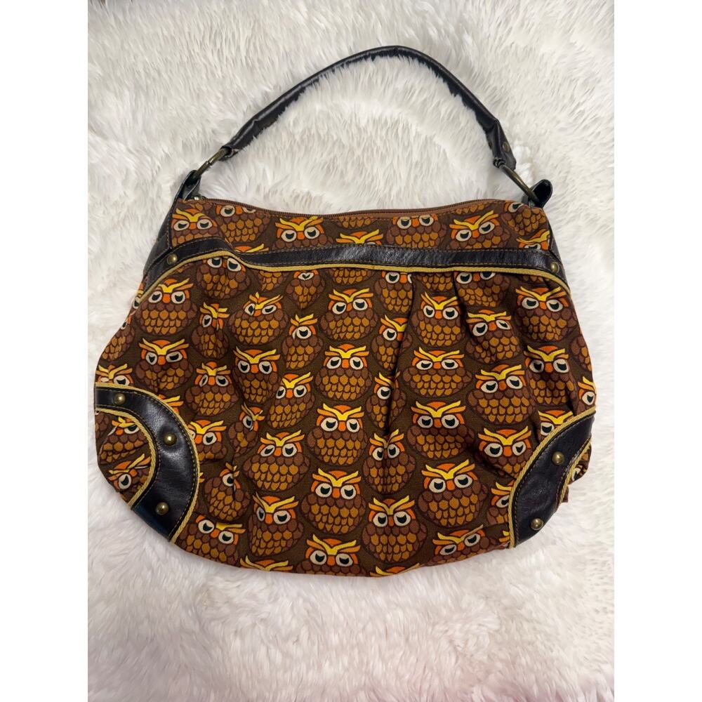 VTG. ICING by Claire's Owl Print Cotton Canvas Bag Purse W/Studs 16"X11.5" Bin